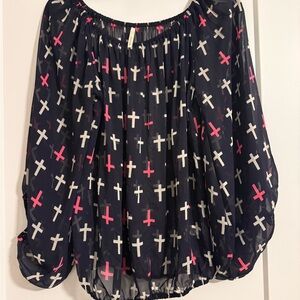Emma Rose Navy Sheer Blouse with Cross Pattern